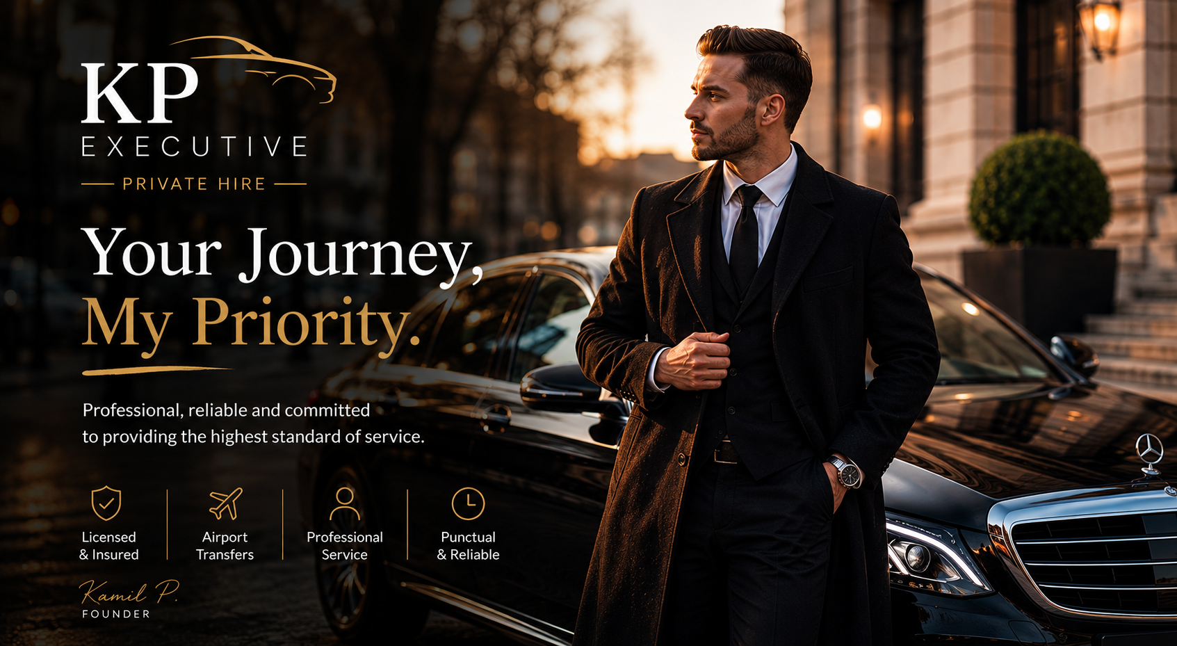 KP Executive chauffeur beside an executive vehicle